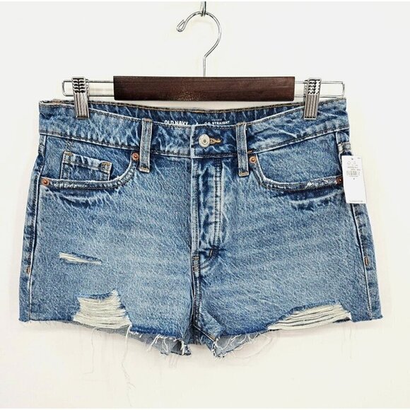 Old Navy High Rise OG Straight Womens Sz 4 Fray Shorty Short Distressed Blue NEW - Picture 1 of 12